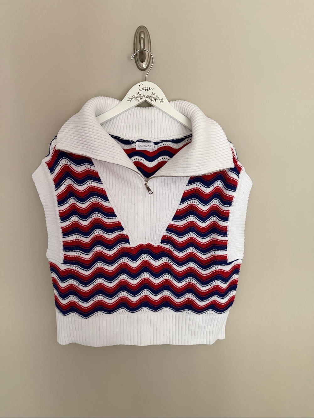 Shop The Mint Red White Blue Crochet Knit Quarter Zip Sweater Vest S